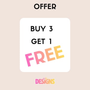 Op de afbeelding: Een afbeelding met het woord 'AANBIEDING' bovenaan. Een witte vierkant bevat de tekst 'KOOP 3 KRIJG 1 GRATIS' in vette zwarte letters. Het woord 'GRATIS' is in een verloop van roze naar geel. Het logo 'niji designs' staat onderaan.