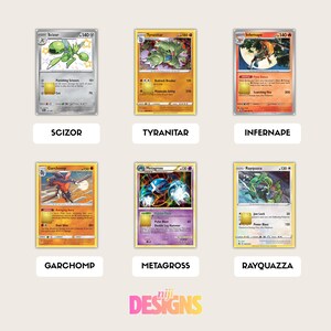 Op de afbeelding: Zes Pokemon-verzamelkaarten worden getoond, elk met een ander personage. De kaarten hebben een gele rand en bevatten de namen Scizor, Tyranitar, Infernape, Garchomp, Metagross en Rayquaza. De kaarten tonen ook de HP en aanvallen van het personage.