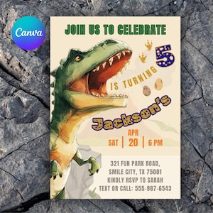 Dinosaur Birthday Invitation | Editable Canva Invite for Boys | T-Rex Party Printable | 5x7 Kids Birthday Invite | Instant Download