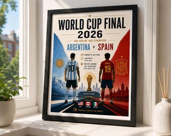 May include: A framed poster for the 2026 World Cup Final between Argentina and Spain. It features two soccer players, Messi and Yamal, standing before a stadium and the World Cup trophy. Text includes event details, date, and host countries.