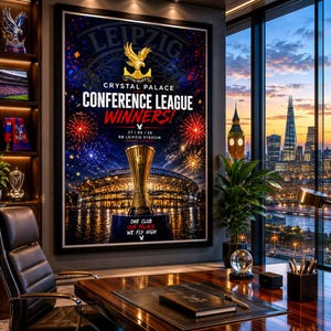 Plakat zwycięzców konferencji Crystal Palace Conference League 2026 | Finał piłkarski RB Lipsk | Grafika ścienna dla kibiców Crystal Palace | A5 A4 A3