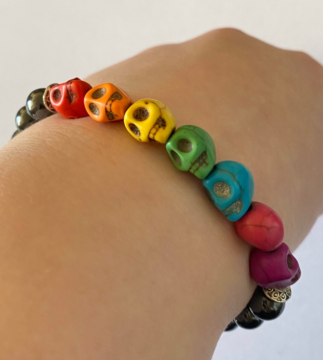 Rainbow Skull Bracelet. Skull Jewellery. Skull Bracelet. Hematite Bracelet. Gothic Bracelet. Day of the Dead Jewellery. E Girl Jewellery. Etsy
