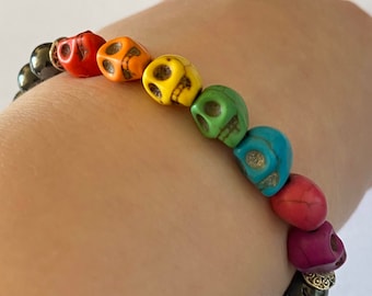 Rainbow skull bracelet. Skull jewellery. Skull bracelet. Hematite bracelet. Gothic bracelet. Day of the dead jewellery. E girl jewellery.