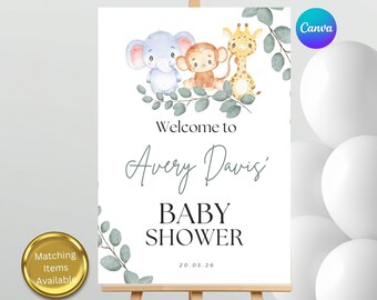 Modello di cartello di benvenuto per baby shower a tema safari / Cartello per baby shower modificabile su Canva / Cartello di benvenuto con animali della giungla / Cartello d'ingresso per baby shower stampabile