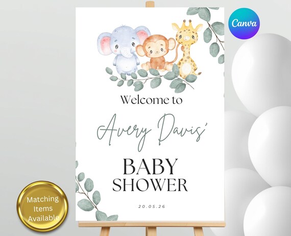 Safari Baby Shower Welcome Sign Template | Editable Canva Baby Shower Sign| Jungle Animal Welcome Board| Printable Baby Shower Entrance Sign