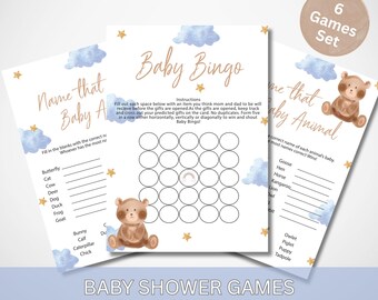 Pacchetto di giochi per baby shower a tema orsetto di peluche per maschietto: 6 attività stampabili a tema orsetto di peluche blu, download immediato, set di giochi per feste