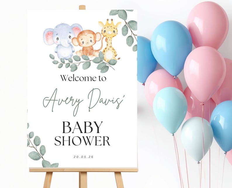 May include: A rectangular welcome sign for a baby shower featuring watercolor illustrations of a blue elephant, a brown monkey, and a yellow giraffe surrounded by green eucalyptus leaves. The text reads Welcome to Avery Davis' BABY SHOWER 20.05.26.
