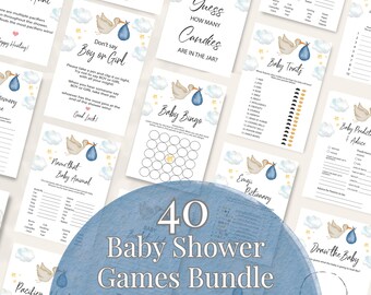 Pacchetto di giochi per baby shower per maschietto: 40 attività stampabili a tema cicogna blu per baby shower, giochi minimalisti per feste di baby shower, download immediato.