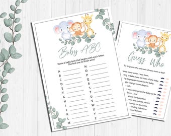 Pacchetto di giochi per baby shower a tema safari e animali, stampabili e neutri per maschietto o femminuccia, download immediato.