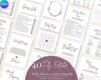 Pacchetto di giochi minimalisti per baby shower (40 giochi inclusi), giochi moderni per baby shower adatti a entrambi i sessi, modello Canva modificabile e stampabile.