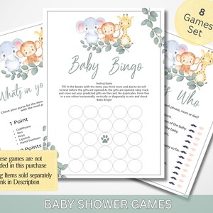 May include: A set of printed baby shower game cards featuring watercolor illustrations of an elephant, a monkey, and a giraffe with eucalyptus leaves. The cards include text for Baby Bingo, What's in your purse, and Who said it, with a 5x5 bingo grid.