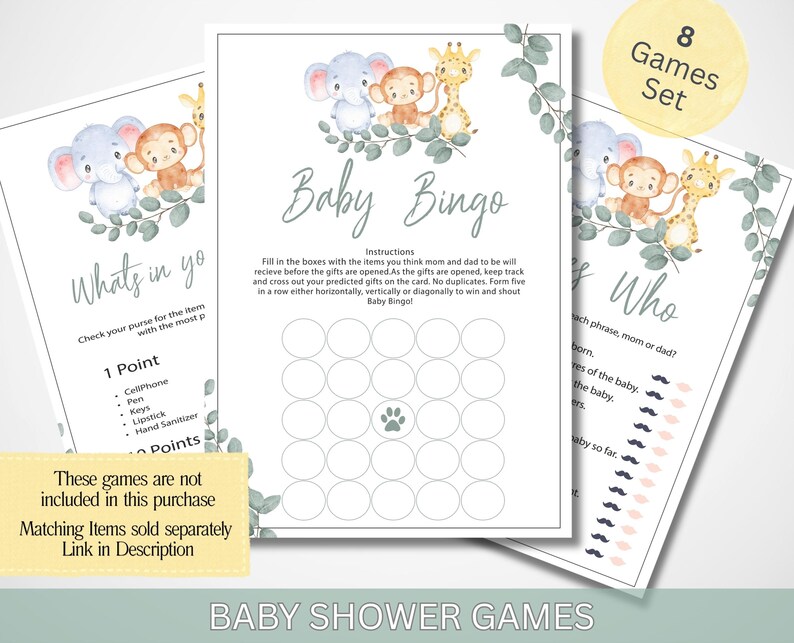 May include: A set of printed baby shower game cards featuring watercolor illustrations of an elephant, a monkey, and a giraffe with eucalyptus leaves. The cards include text for Baby Bingo, What's in your purse, and Who said it, with a 5x5 bingo grid.