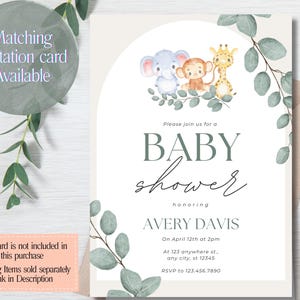 May include: A rectangular baby shower invitation card featuring a watercolor illustration of an elephant, a monkey, and a giraffe sitting on eucalyptus leaves. The text reads: Please join us for a BABY shower honoring AVERY DAVIS.