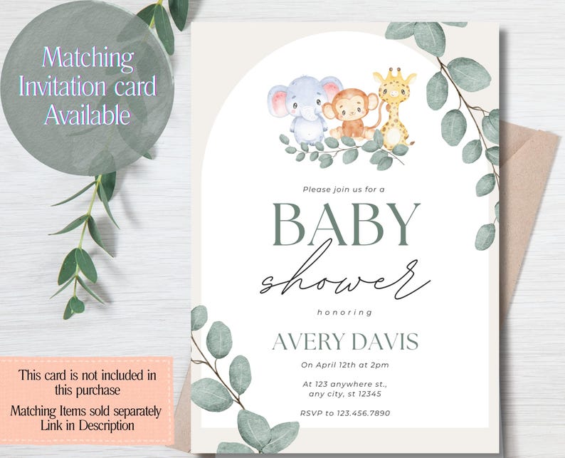 May include: A rectangular baby shower invitation card featuring a watercolor illustration of an elephant, a monkey, and a giraffe sitting on eucalyptus leaves. The text reads: Please join us for a BABY shower honoring AVERY DAVIS.