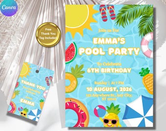 Invito di compleanno per festa in piscina - Modello modificabile su Canva - Invito per festa in piscina / Invito di compleanno estivo stampabile da scaricare