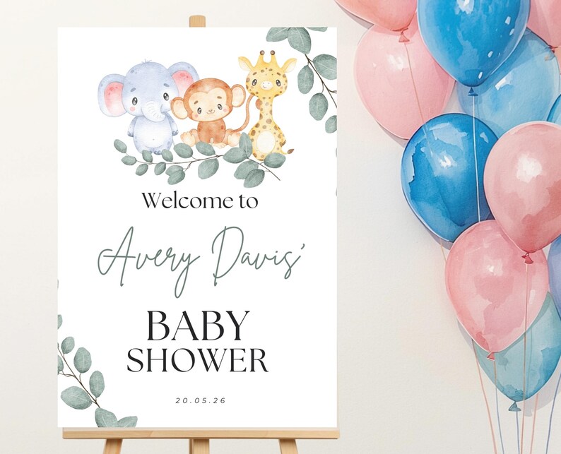 May include: A white rectangular sign featuring watercolor illustrations of a blue elephant, a brown monkey, and a yellow giraffe surrounded by green eucalyptus leaves. The text reads Welcome to Avery Davis' BABY SHOWER and 20.05.26.