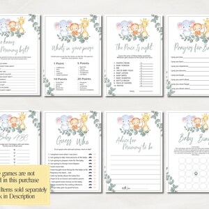 May include: A set of eight white baby shower game cards featuring watercolor illustrations of an elephant, monkey, and giraffe with eucalyptus leaves. The cards include titles like Who Knows Mommy Best, What's in your purse, The Price Is Right, Prayers for Baby, Baby ABC, Guess Who, Advice for Mummy to be, and Baby Bingo.