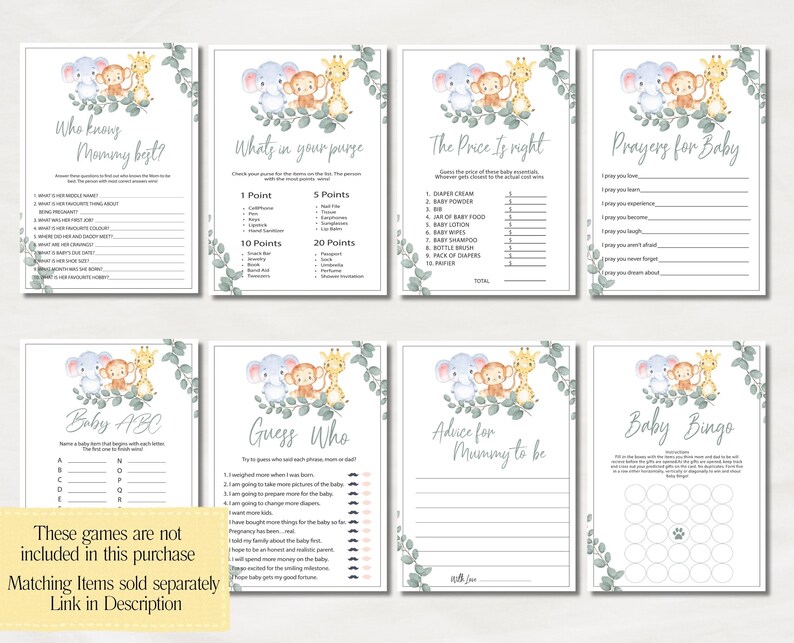 May include: A set of eight white baby shower game cards featuring watercolor illustrations of an elephant, monkey, and giraffe with eucalyptus leaves. The cards include titles like Who Knows Mommy Best, What's in your purse, The Price Is Right, Prayers for Baby, Baby ABC, Guess Who, Advice for Mummy to be, and Baby Bingo.