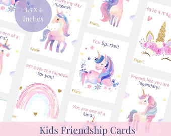 Unicorn Kids Friendship Cards, Printable Friendship Notes for Kids, Classroom Exchange Cards, Cute Rainbow Unicorn Birthday Party Favor Card