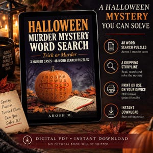 Könnte beinhalten: Ein digitales Tablet zeigt das Cover eines Halloween Murder Mystery Wortsuchrätsel-Buches mit einem orangefarbenen Kürbis und Herbstblättern. Der Text umfasst A HALLOWEEN MYSTERY YOU CAN SOLVE, 48 WORD SEARCH PUZZLES und AROSH M.