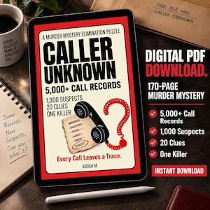 Pode incluir: Um tablet digital exibe um quebra-cabeça de eliminação de mistério de assassinato intitulado Caller Unknown, com um fone de telefone preto com fio espiral vermelho, 5.000+ registros de chamadas, 1.000 suspeitos, 20 pistas e um assassino em fundo creme.