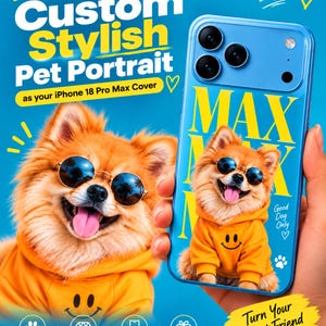 Könnte beinhalten: Eine blaue Handyhülle mit einem individuellen Porträt eines flauschigen orangefarbenen Hundes, der eine runde Sonnenbrille und einen orangefarbenen Kapuzenpullover mit Smiley-Gesicht trägt. Der Text lautet MAX, Good Dog Only, mit Pfote und Herz.