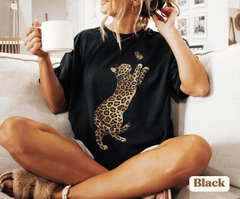 Vintage Leopard Cat Shirt, Boho Cat Graphic Tee, Cute Cat Mom Shirt, Cat Lover Gift, Animal Lover Gift image 3
