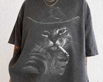 Smoking Cat Graphic Tee, Funny Cat Meme Shirt, Vintage Cowboy Hat Kitten Top, Retro Streetwear, Edgy Animal Lover Gift, Gangster Cat Tee