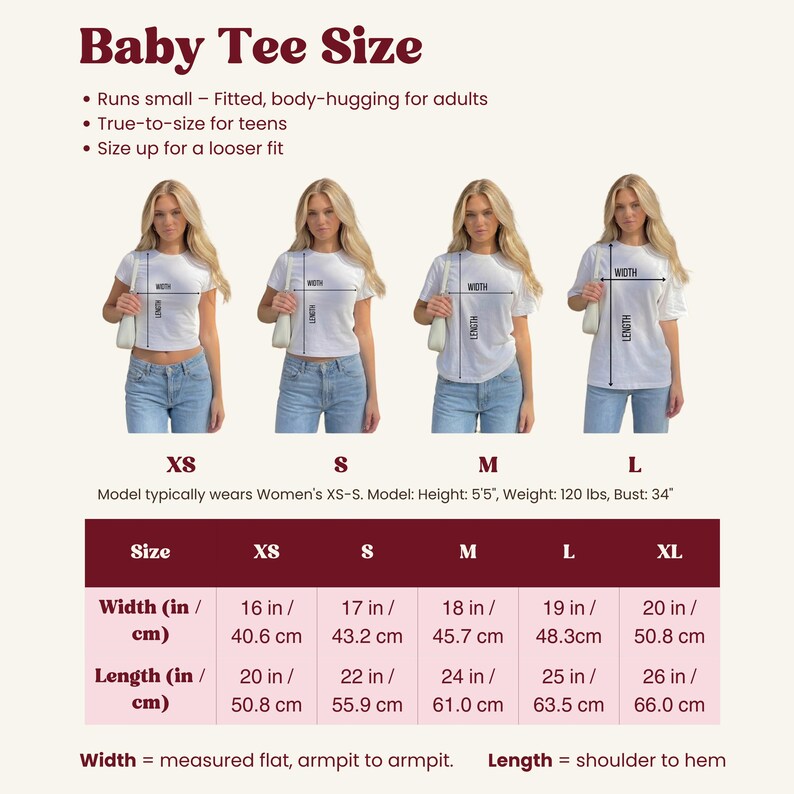 以下が含まれることがあります： XS、S、M、Lサイズの白いベビーTシャツのサイズ表。着用画像4枚に加え、フィット感、モデルの測定値、インチとセンチメートルで表記された幅と丈の寸法表が記載されています。