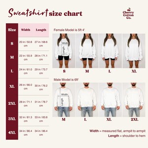 以下が含まれることがあります： Cherry Cotton Co.のトレーナーサイズチャート。Sから4XLまでのサイズ表で、幅と丈がインチとセンチメートルで記載されています。様々なサイズを着用したモデルの視覚的リファレンスとラベルが含まれています。