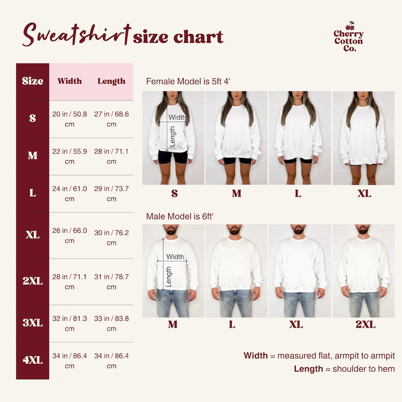 以下が含まれることがあります： Cherry Cotton Co.のトレーナーサイズチャート。Sから4XLまでのサイズ表で、幅と丈がインチとセンチメートルで記載されています。様々なサイズを着用したモデルの視覚的リファレンスとラベルが含まれています。