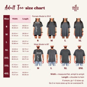以下が含まれることがあります： Cherry Cotton Co.の大人用Tシャツサイズチャート。Sから4XLまでのサイズに対応する幅と丈のセンチメートル単位の測定値が記載された表です。様々なサイズを着用したモデルのイラストと、幅と丈を示すラベルが表示されています。