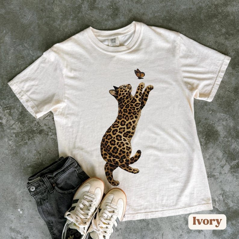 Vintage Leopard Cat Shirt, Boho Cat Graphic Tee, Cute Cat Mom Shirt, Cat Lover Gift, Animal Lover Gift image 2
