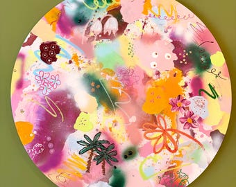 Cuadro abstracto redondo “Bloomin” | Obra de arte original de 80 cm | Arte mural moderno y colorido | Pieza única que marca la diferencia