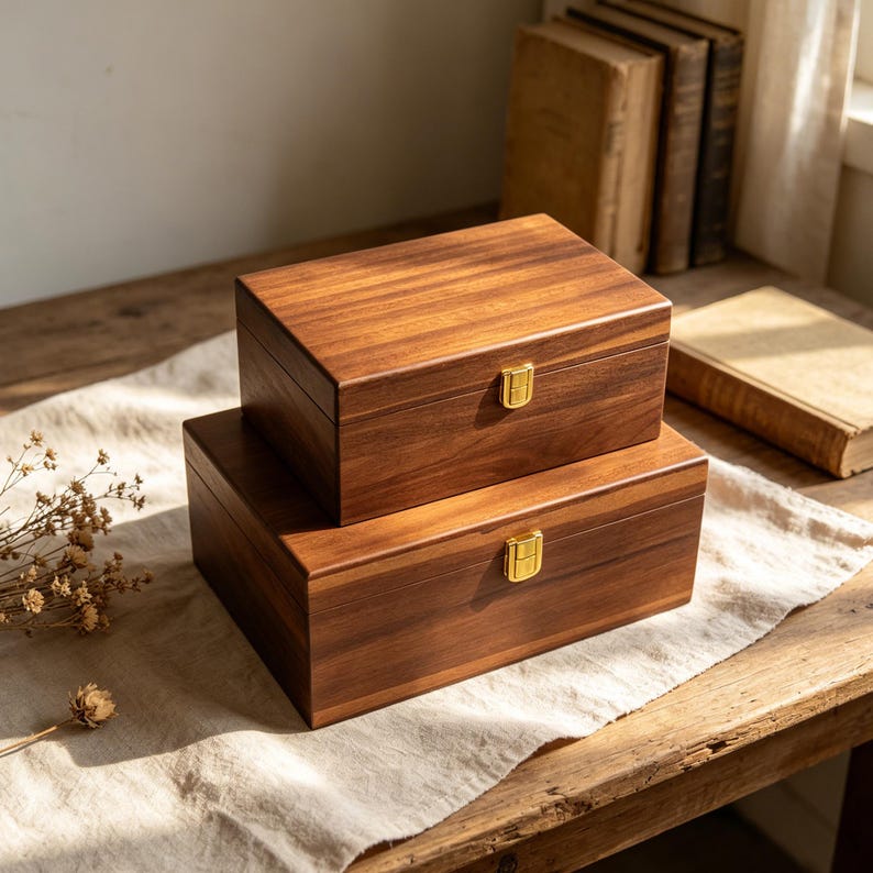 Pu&ograve; includere: Due scatole rettangolari in legno impilate l'una sull'altra, realizzate in legno marrone scuro con venature visibili. Ogni scatola presenta una chiusura in metallo color oro lucido centrata sul pannello frontale per una chiusura sicura.