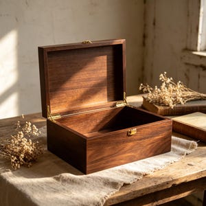 Pu&ograve; includere: Una scatola rettangolare in legno con finitura marrone scuro e venature del legno visibili. La scatola &egrave; aperta e rivela un interno cavo. Presenta cerniere in metallo dorato sul retro e una chiusura in metallo dorato sul bordo anteriore.