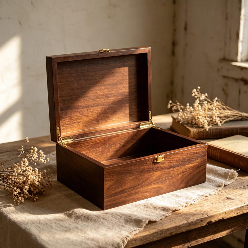 Pu&ograve; includere: Una scatola rettangolare in legno con finitura marrone scuro e venature del legno visibili. La scatola &egrave; aperta e rivela un interno cavo. Presenta cerniere in metallo dorato sul retro e una chiusura in metallo dorato sul bordo anteriore.