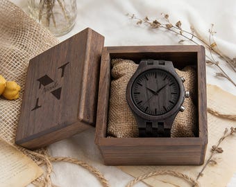 Reloj de madera grabado y caja de regalo de nogal: reloj de ébano personalizado con caja a medida, regalo de 5.º aniversario para esposo o papá, regalo de bodas.