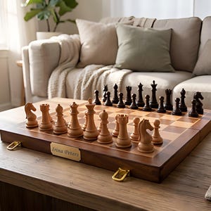 May include: A wooden chess set with light and dark pieces arranged on a checkered board. The chess pieces are in a classic design. The board is set on a wooden table. A gold nameplate reads "Irina Peters".