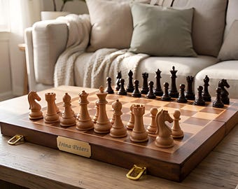 Personalized 15in Wooden Chess Set,Folding Travel Board with Extra Queens,Birthday gift to him