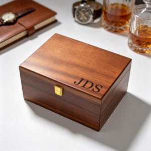 May include: A rectangular wooden box with a smooth, dark brown grain finish. The lid features the engraved letters JDS in a serif font. A small, rectangular gold-colored metal latch is centered on the front edge of the box to secure the lid.