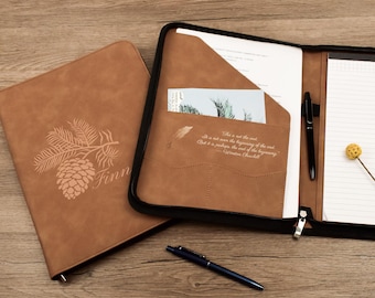 Personlig läderportfölj - Anpassad företagsmapp med dragkedja, återfyllningsbar padfolio med 12 designer | Examens- och reklampresent, doktorandpresent