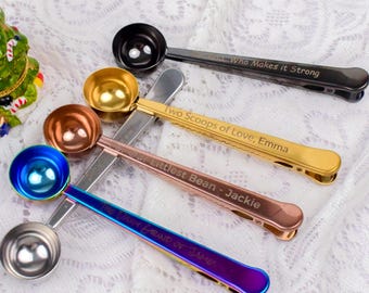 Cuchara medidora de café personalizada con clip: cuchara medidora grabada para café y fórmula infantil, 5 colores, regalo de cocina para amantes del café.
