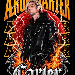 May include: A graphic t-shirt featuring a portrait of Aaron Carter wearing a black leather jacket and hoodie. The design includes a large red sun, yellow lightning bolts, orange flames, and the text ARON CARTER in yellow and Carter in silver.