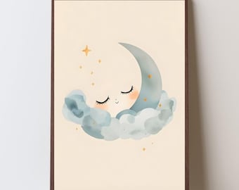 Luna addormentata con stelle, stampabile per la parete della cameretta dei bambini