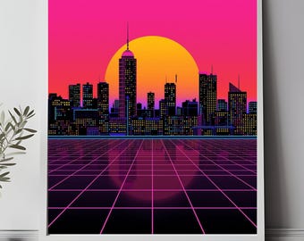 80年代のポップアート、ウォールアート、都市景観、デジタルダウンロード、印刷可能