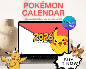 2026 Pocket Monster Calendar | Editable Anime Gamer Planner | Cute Japanese Cartoon Schedule | Retro Video Game Organizer | CanvaTemplate