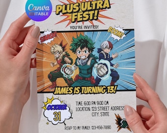 Super Academy Hero Birthday Invitation | Plus Ultra Hero Birthday | Anime Academy Party Template | Action Comic Style | Digital Download