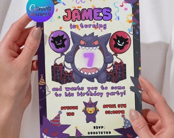 Purple Ghost Monster Birthday Invitation | Scary Cute Evolution Invite | Editable Template | Pocket Monsters Theme Card | Anime Style
