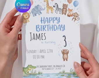 Animal Birthday Invitation | Editable Canva Template | Watercolor Jungle Party | Kids Safari Invite | Instant Download